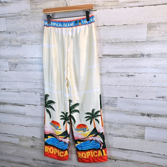 Joie Tropical Satin Wide Leg Pants S Sea Inspired Statement Maximalism Beachy - Picture 6 of 16